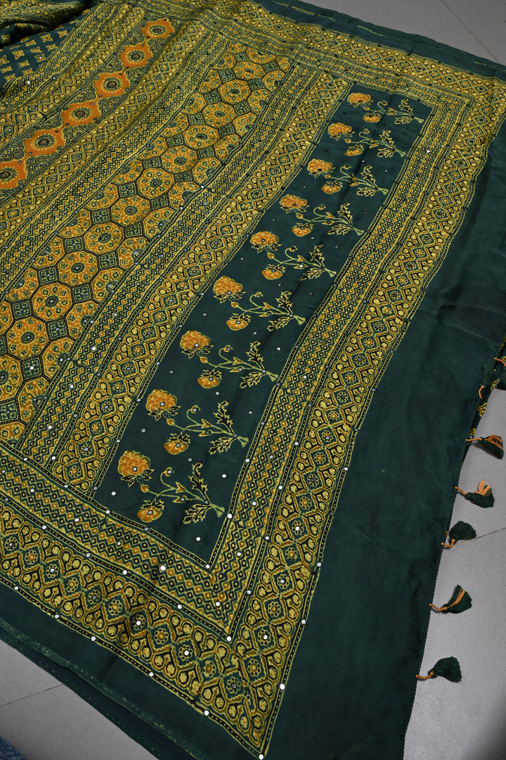 Hunter Green Authentic Hand Block Print on Modal Silk Saree with Hand Embellished Tikki work and Border | SHOBITAM