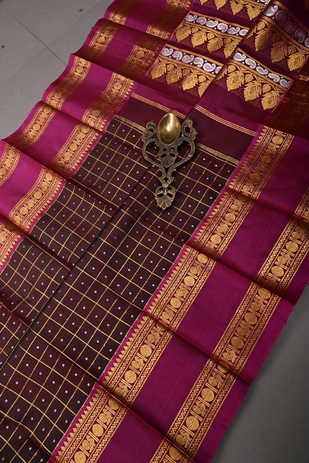 Green-Pink Zari Checks on Pure Kanjivaram Soft Silk Saree with Lakshadeepam Buttas and Contrast Rettiapet Zari Border | SILK MARK CERTIFIED | SHOBITAM