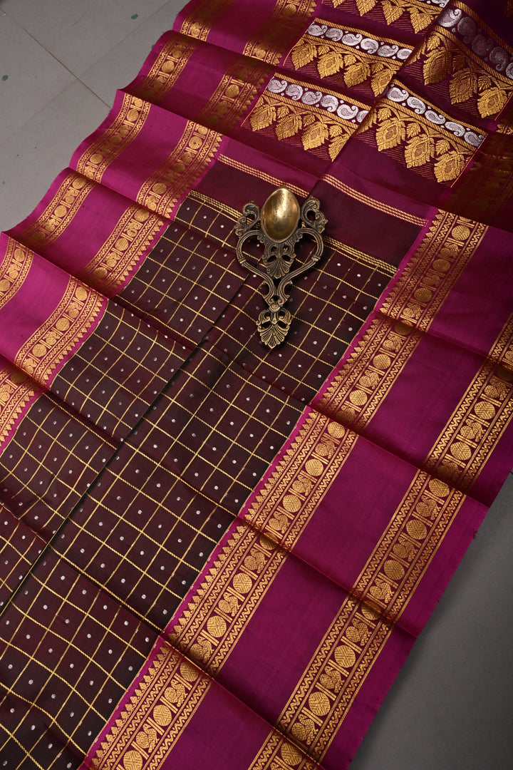 Green-Pink Zari Checks on Pure Kanjivaram Soft Silk Saree with Lakshadeepam Buttas and Contrast Rettiapet Zari Border | SILK MARK CERTIFIED | SHOBITAM