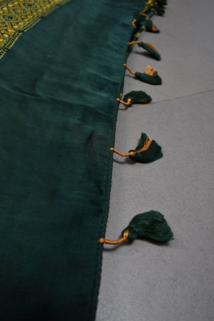 Hunter Green Authentic Hand Block Print on Modal Silk Saree with Hand Embellished Tikki work and Border | SHOBITAM