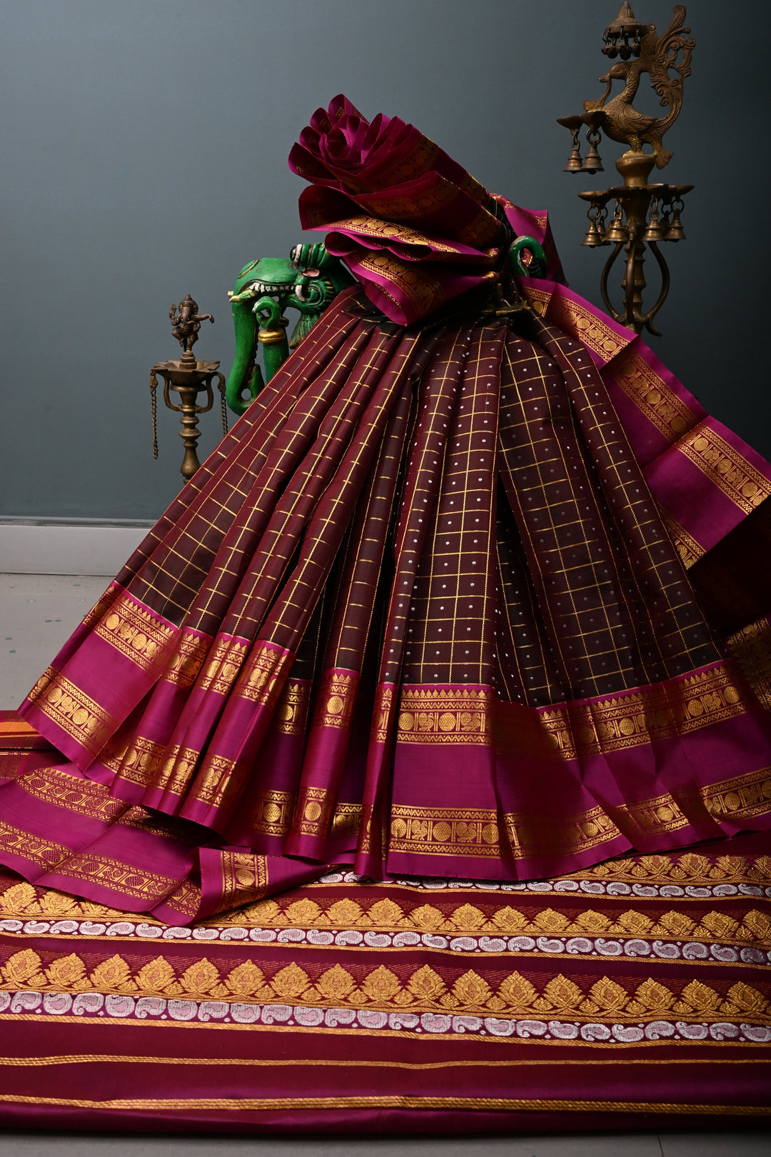 Green-Pink Zari Checks on Pure Kanjivaram Soft Silk Saree with Lakshadeepam Buttas and Contrast Rettiapet Zari Border | SILK MARK CERTIFIED | SHOBITAM
