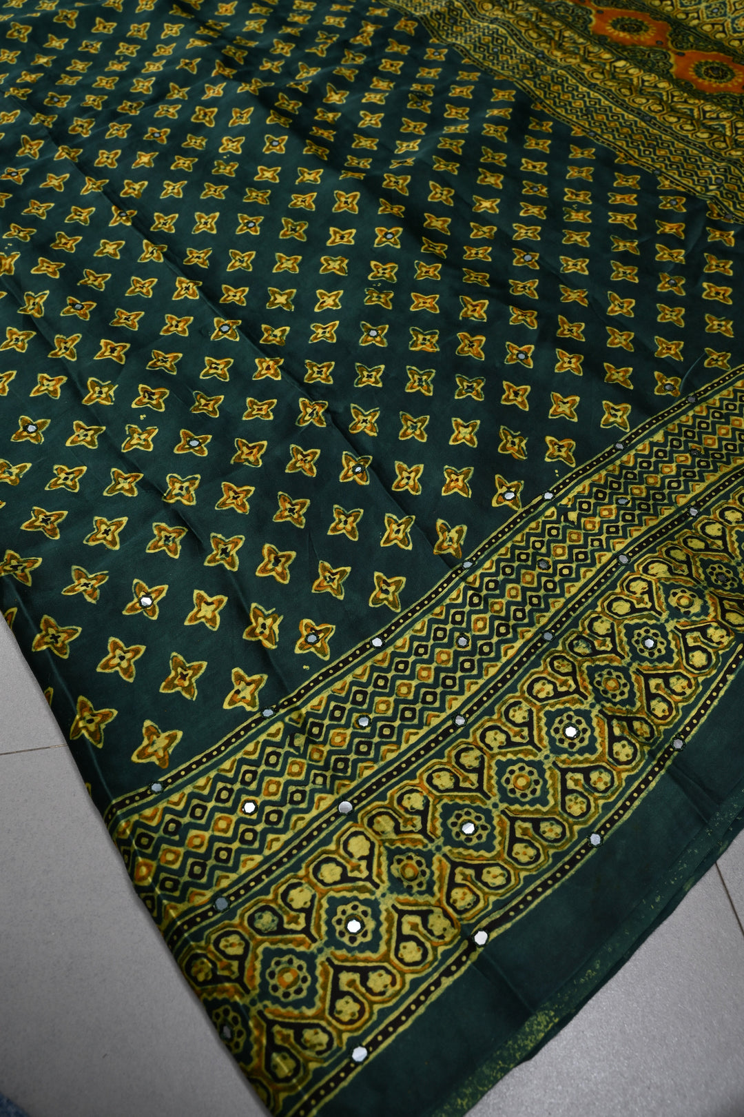 Hunter Green Authentic Hand Block Print on Modal Silk Saree with Hand Embellished Tikki work and Border | SHOBITAM