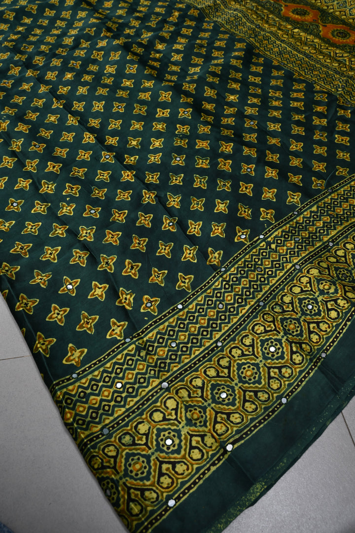 Hunter Green Authentic Hand Block Print on Modal Silk Saree with Hand Embellished Tikki work and Border | SHOBITAM