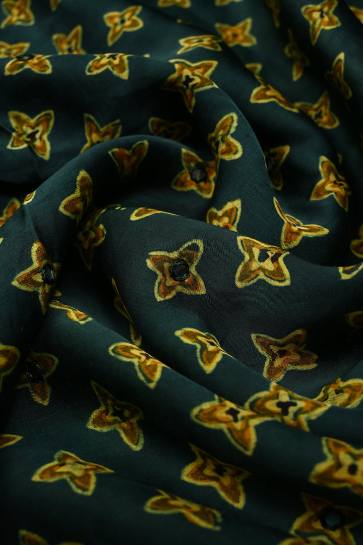 Hunter Green Authentic Hand Block Print on Modal Silk Saree with Hand Embellished Tikki work and Border | SHOBITAM