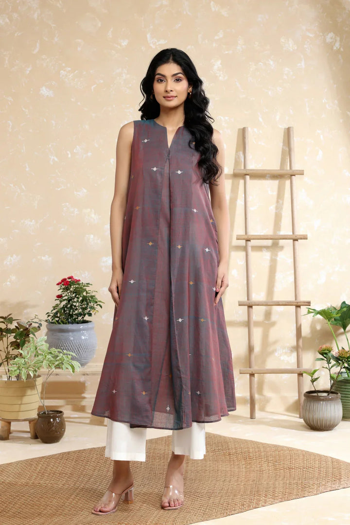 Handloom Brown Duo Tone Soft Cotton Jamdani Kurta Set | SHOBITAM