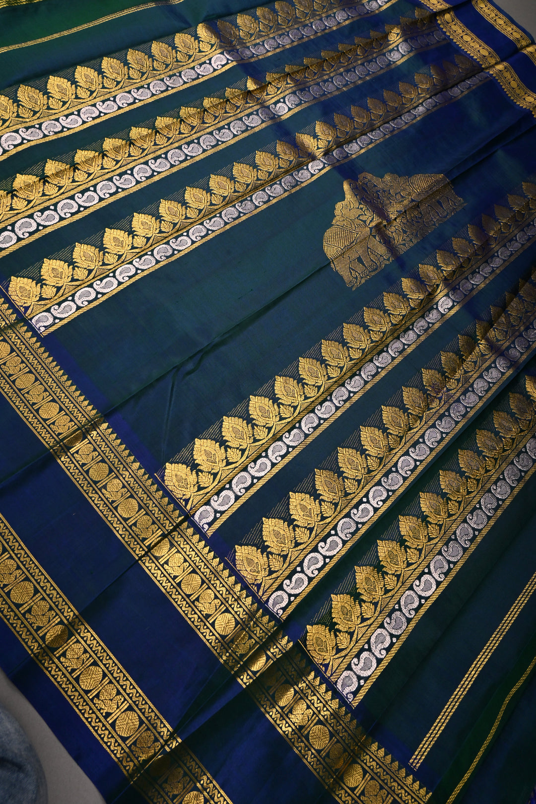 Forest Green Zari Checks on Pure Kanjivaram Soft Silk Saree with Zari Buttas-Brocade and Contrast Rettiapet Zari Border | SILK MARK CERTIFIED | SHOBITAM