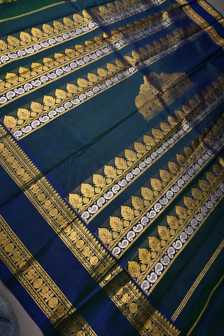 Forest Green Zari Checks on Pure Kanjivaram Soft Silk Saree with Zari Buttas-Brocade and Contrast Rettiapet Zari Border | SILK MARK CERTIFIED | SHOBITAM
