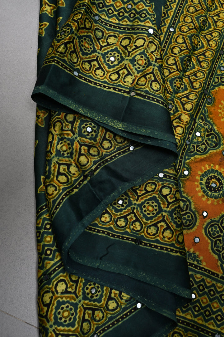 Hunter Green Authentic Hand Block Print on Modal Silk Saree with Hand Embellished Tikki work and Border | SHOBITAM