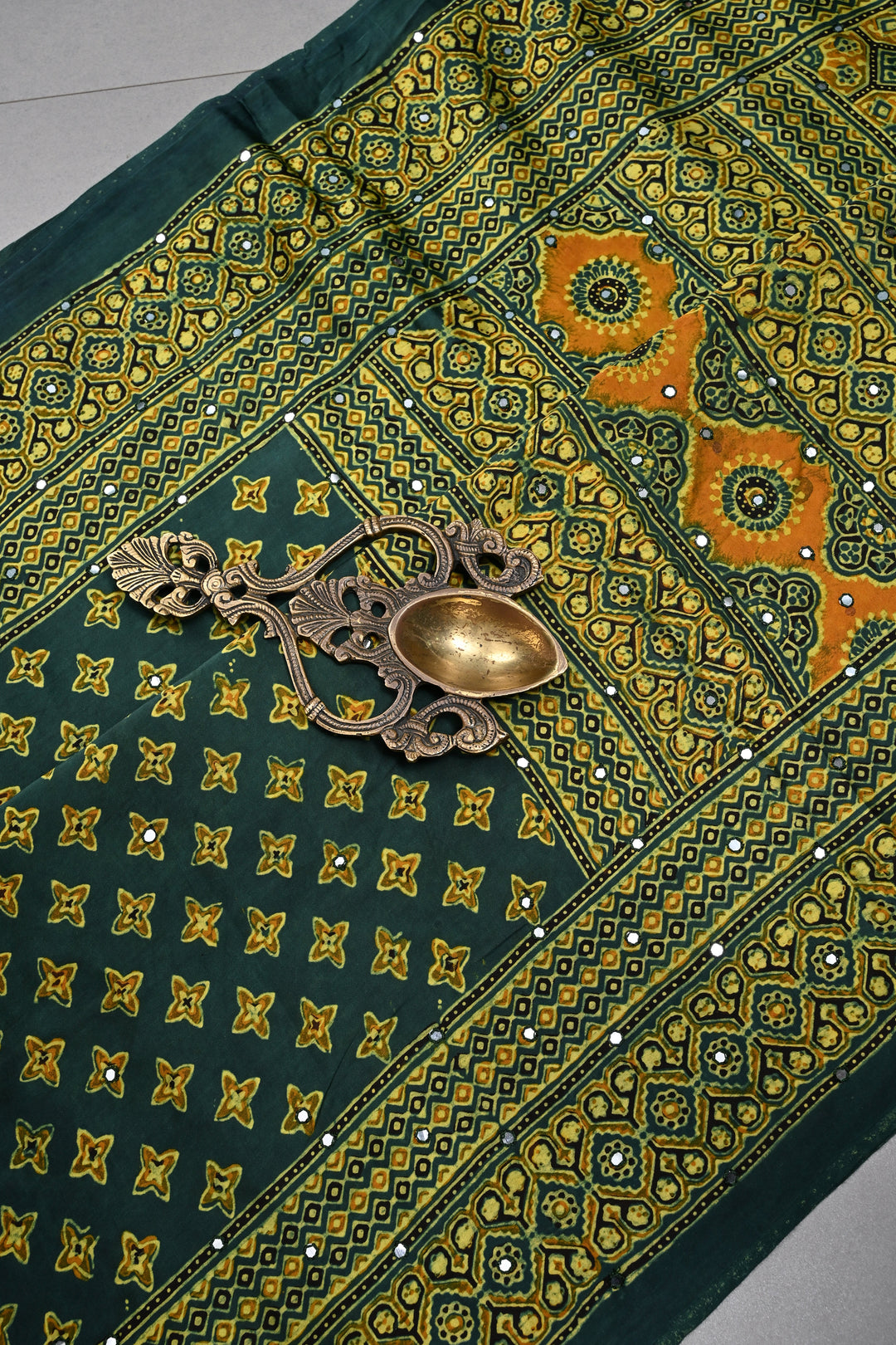 Hunter Green Authentic Hand Block Print on Modal Silk Saree with Hand Embellished Tikki work and Border | SHOBITAM