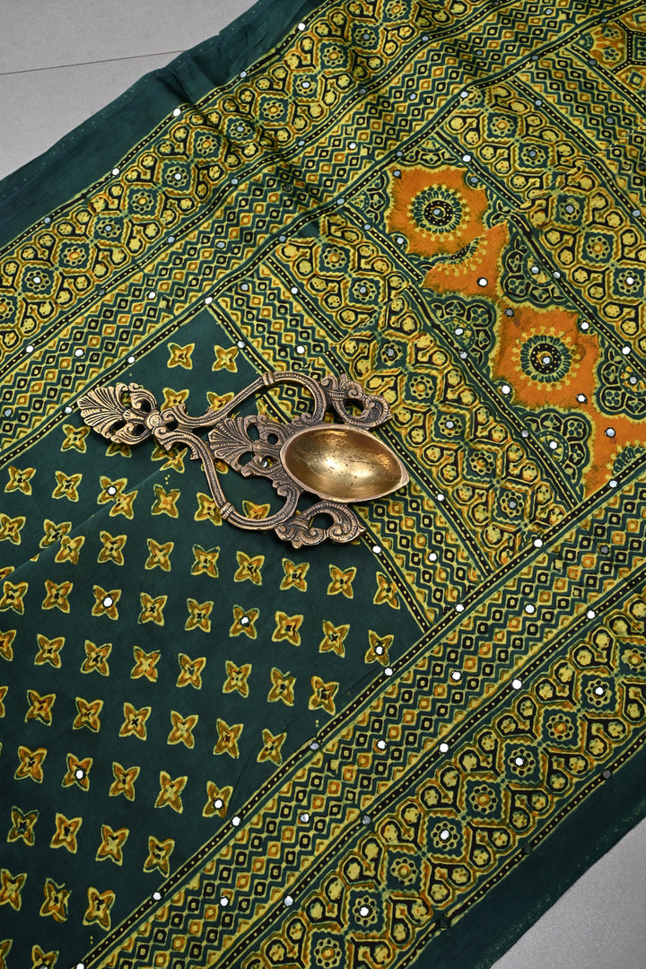 Hunter Green Authentic Hand Block Print on Modal Silk Saree with Hand Embellished Tikki work and Border | SHOBITAM