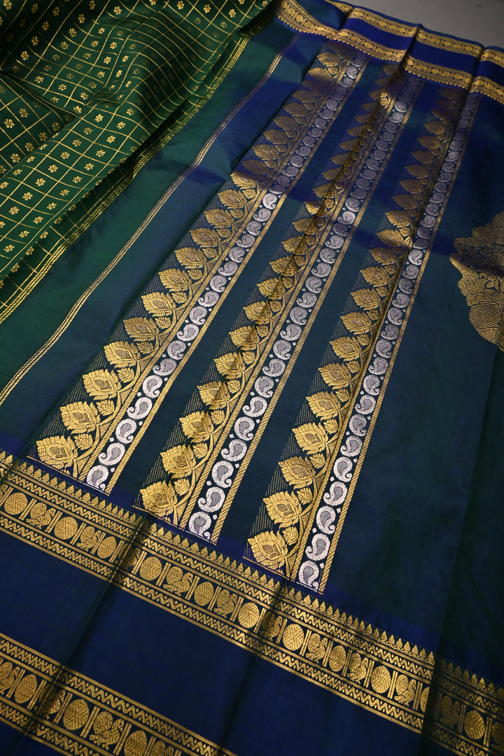 Forest Green Zari Checks on Pure Kanjivaram Soft Silk Saree with Zari Buttas-Brocade and Contrast Rettiapet Zari Border | SILK MARK CERTIFIED | SHOBITAM