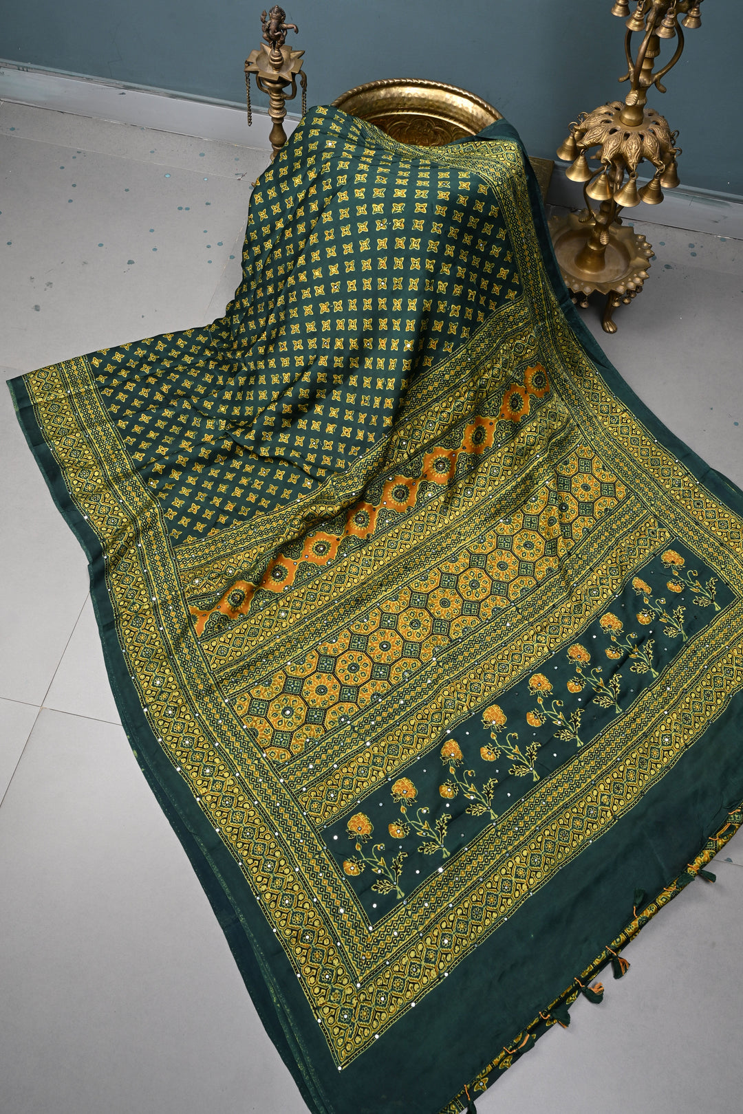 Hunter Green Authentic Hand Block Print on Modal Silk Saree with Hand Embellished Tikki work and Border | SHOBITAM