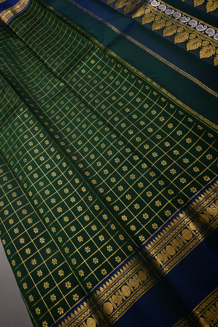 Forest Green Zari Checks on Pure Kanjivaram Soft Silk Saree with Zari Buttas-Brocade and Contrast Rettiapet Zari Border | SILK MARK CERTIFIED | SHOBITAM