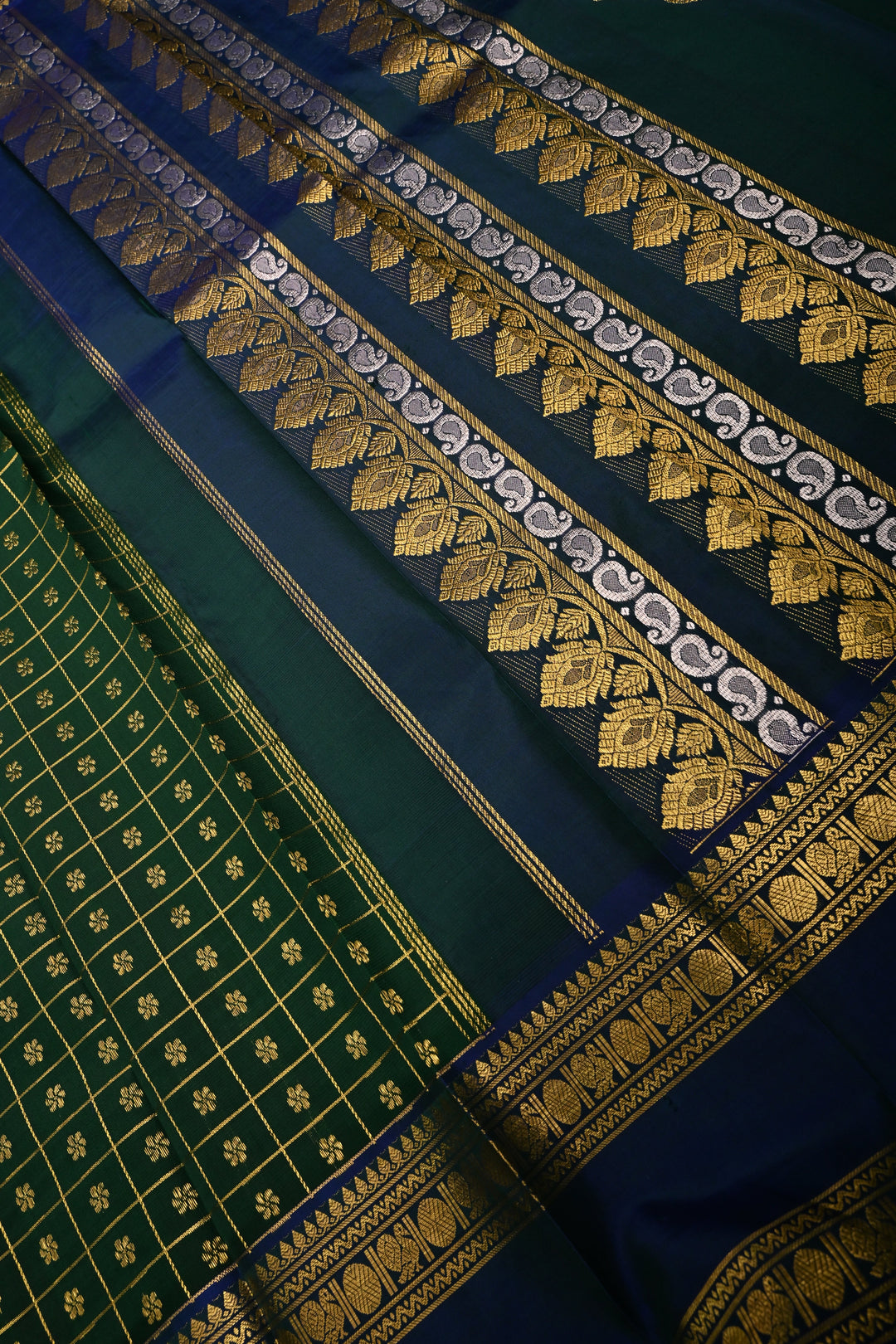 Forest Green Zari Checks on Pure Kanjivaram Soft Silk Saree with Zari Buttas-Brocade and Contrast Rettiapet Zari Border | SILK MARK CERTIFIED | SHOBITAM