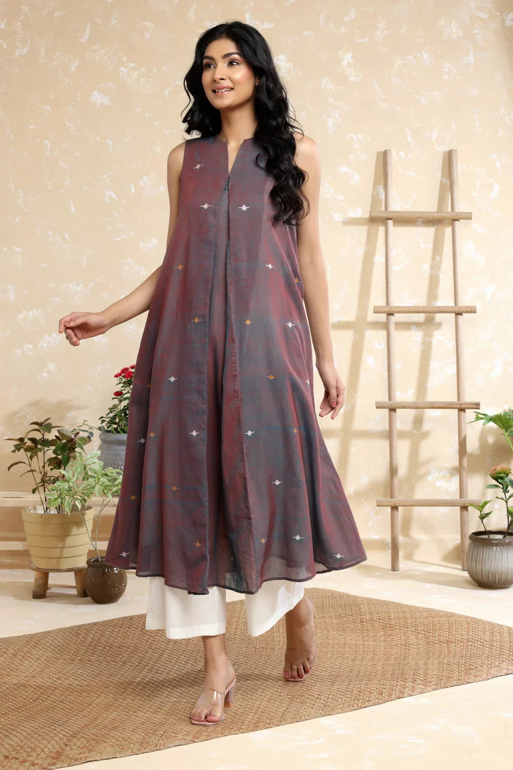 Handloom Brown Duo Tone Soft Cotton Jamdani Kurta Set | SHOBITAM