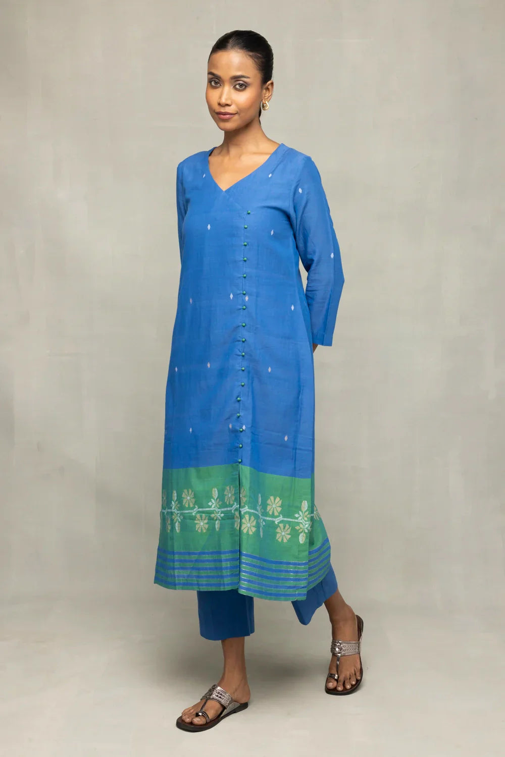 Blue and Green Jamdani Kurta Set With Dupatta  | SHOBITAM
