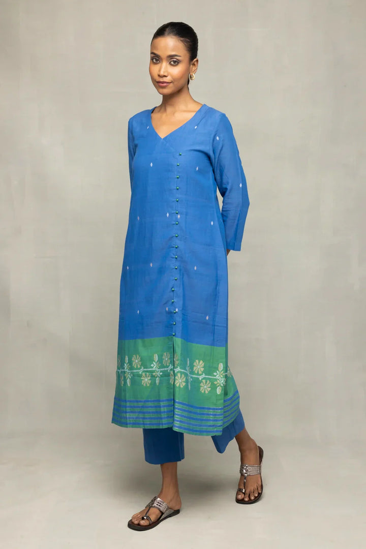 Blue and Green Jamdani Kurta Set With Dupatta  | SHOBITAM