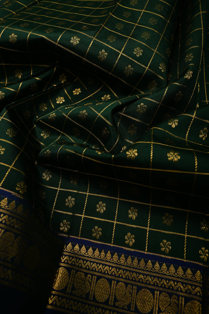 Forest Green Zari Checks on Pure Kanjivaram Soft Silk Saree with Zari Buttas-Brocade and Contrast Rettiapet Zari Border | SILK MARK CERTIFIED | SHOBITAM