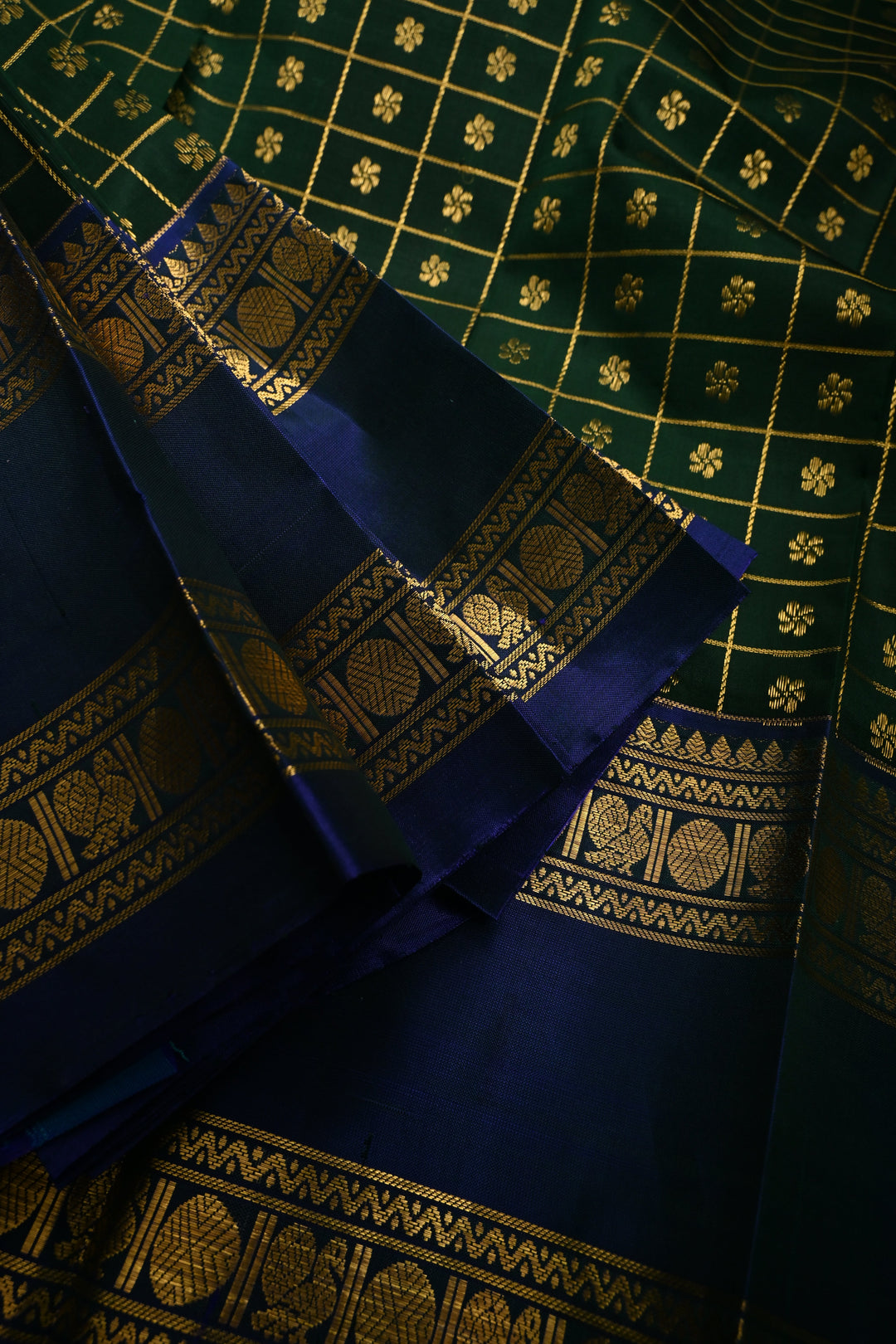 Forest Green Zari Checks on Pure Kanjivaram Soft Silk Saree with Zari Buttas-Brocade and Contrast Rettiapet Zari Border | SILK MARK CERTIFIED | SHOBITAM