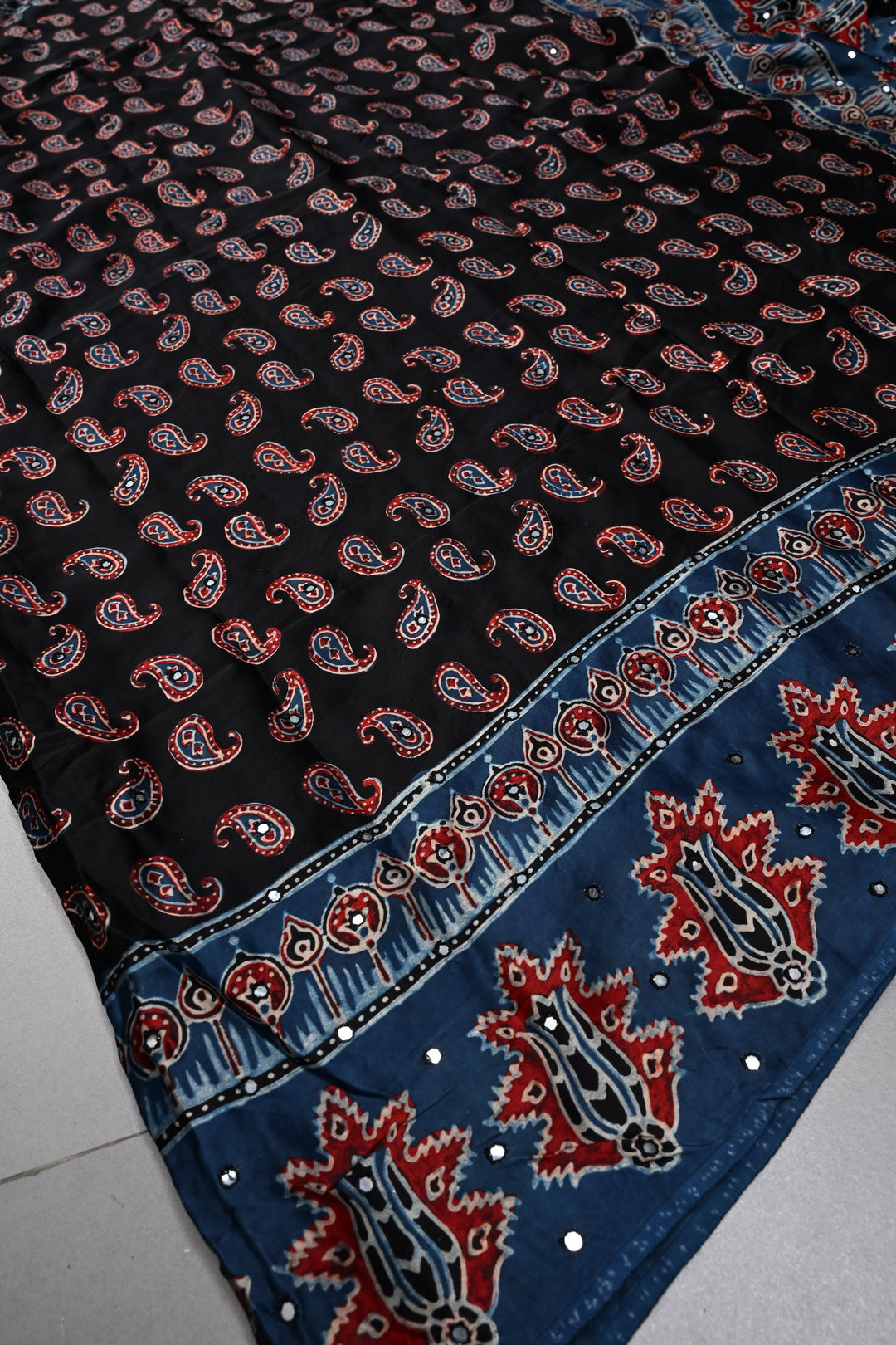 Black Authentic Ajrakh Hand Block Print on Modal Silk Saree with Hand Embellished Tikki work and Border | SHOBITAM
