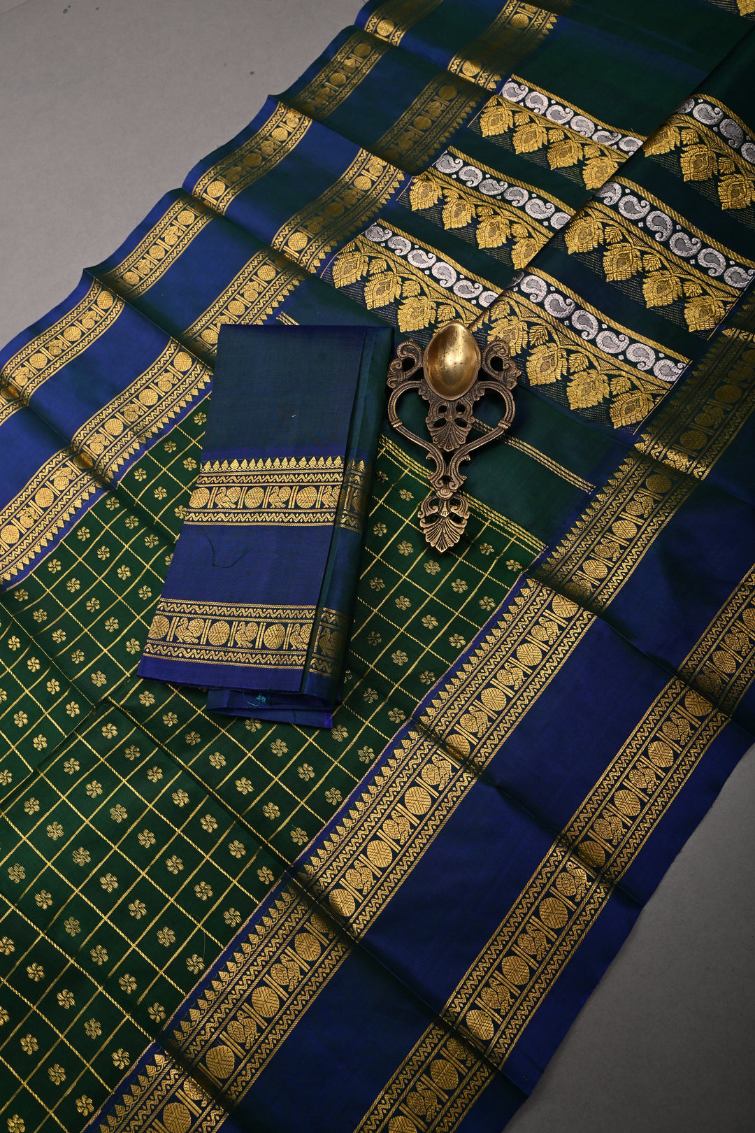 Forest Green Zari Checks on Pure Kanjivaram Soft Silk Saree with Zari Buttas-Brocade and Contrast Rettiapet Zari Border | SILK MARK CERTIFIED | SHOBITAM