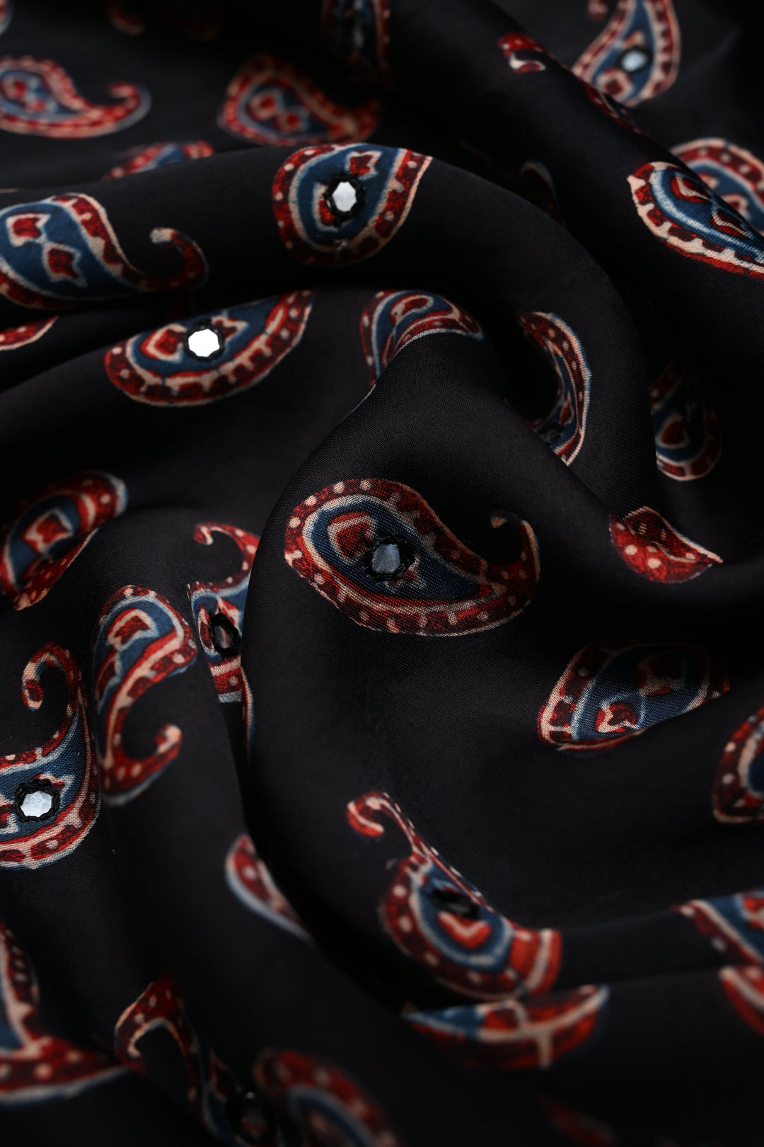 Black Authentic Ajrakh Hand Block Print on Modal Silk Saree with Hand Embellished Tikki work and Border | SHOBITAM