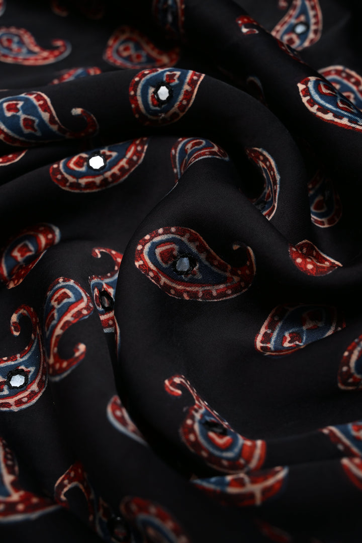 Black Authentic Ajrakh Hand Block Print on Modal Silk Saree with Hand Embellished Tikki work and Border | SHOBITAM