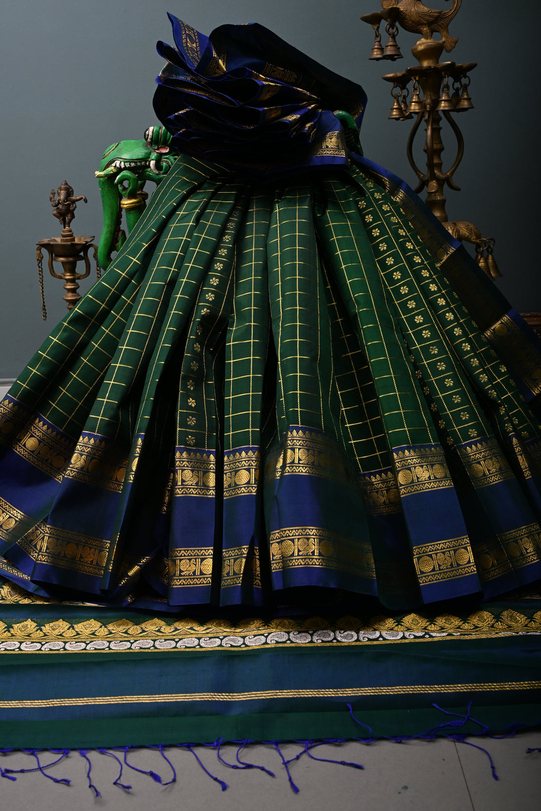 Forest Green Zari Checks on Pure Kanjivaram Soft Silk Saree with Zari Buttas-Brocade and Contrast Rettiapet Zari Border | SILK MARK CERTIFIED | SHOBITAM