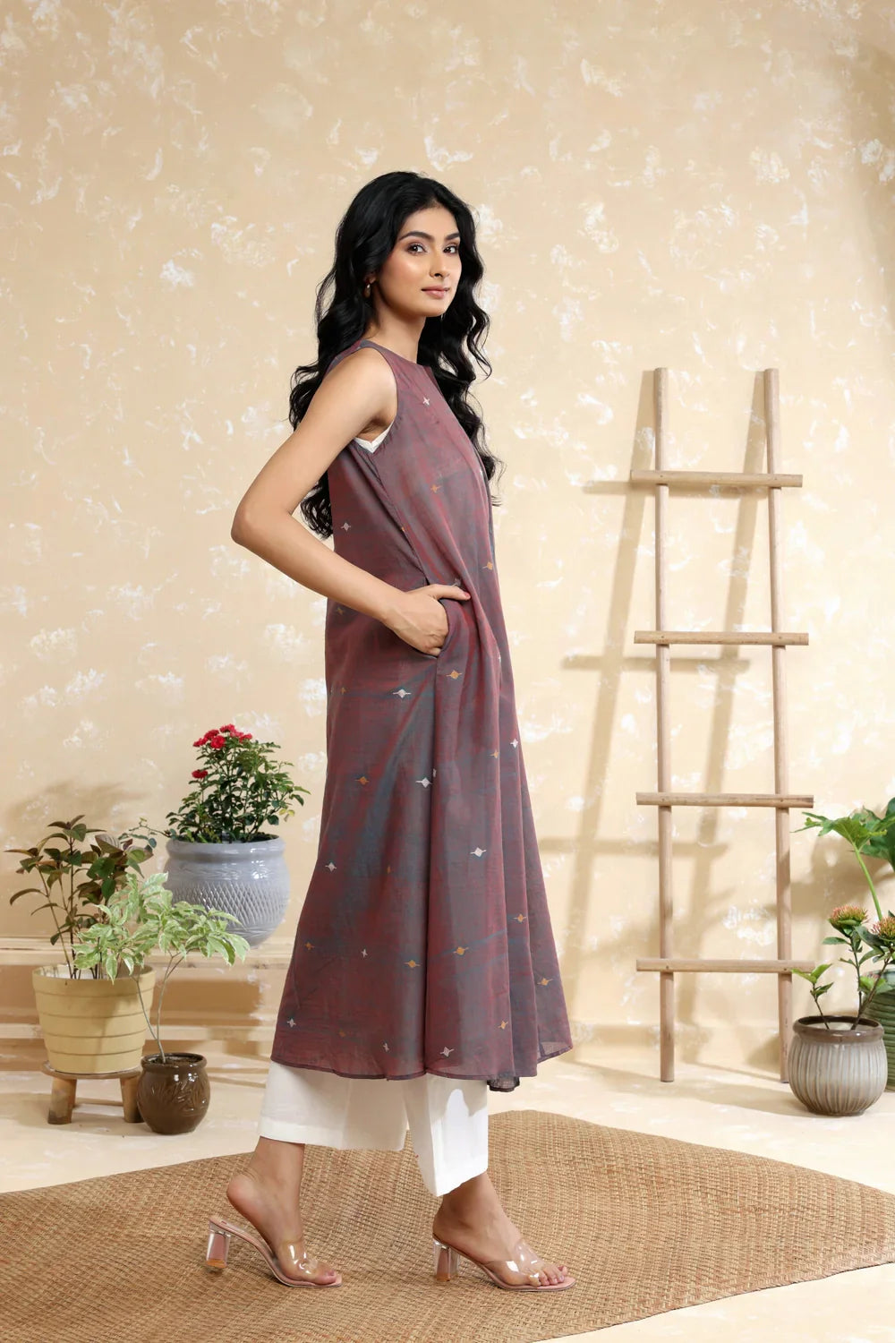 Handloom Brown Duo Tone Soft Cotton Jamdani Kurta Set | SHOBITAM
