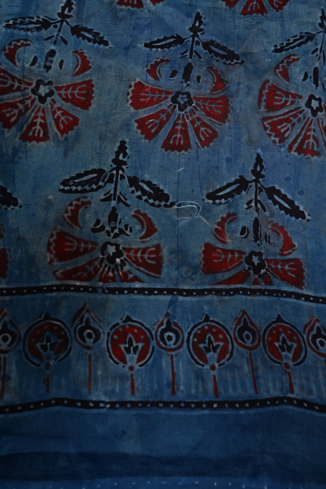 Black Authentic Ajrakh Hand Block Print on Modal Silk Saree with Hand Embellished Tikki work and Border | SHOBITAM