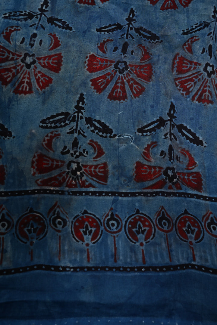 Black Authentic Ajrakh Hand Block Print on Modal Silk Saree with Hand Embellished Tikki work and Border | SHOBITAM