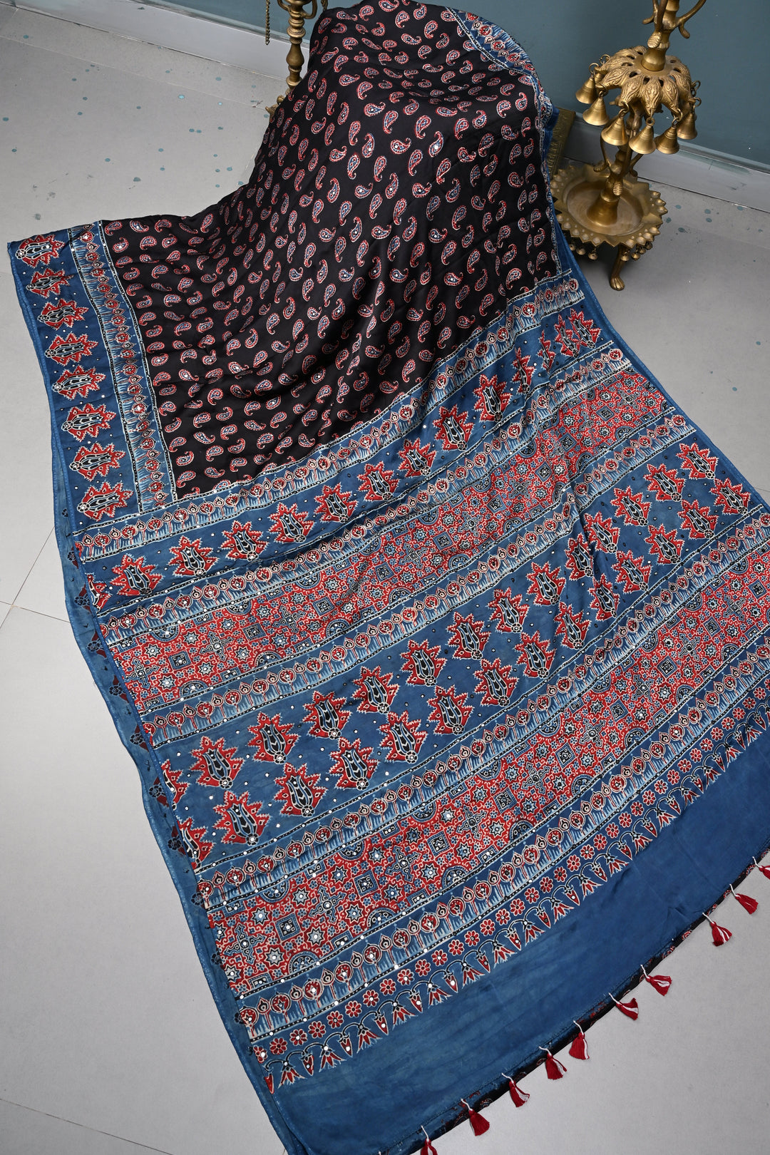 Black Authentic Ajrakh Hand Block Print on Modal Silk Saree with Hand Embellished Tikki work and Border | SHOBITAM