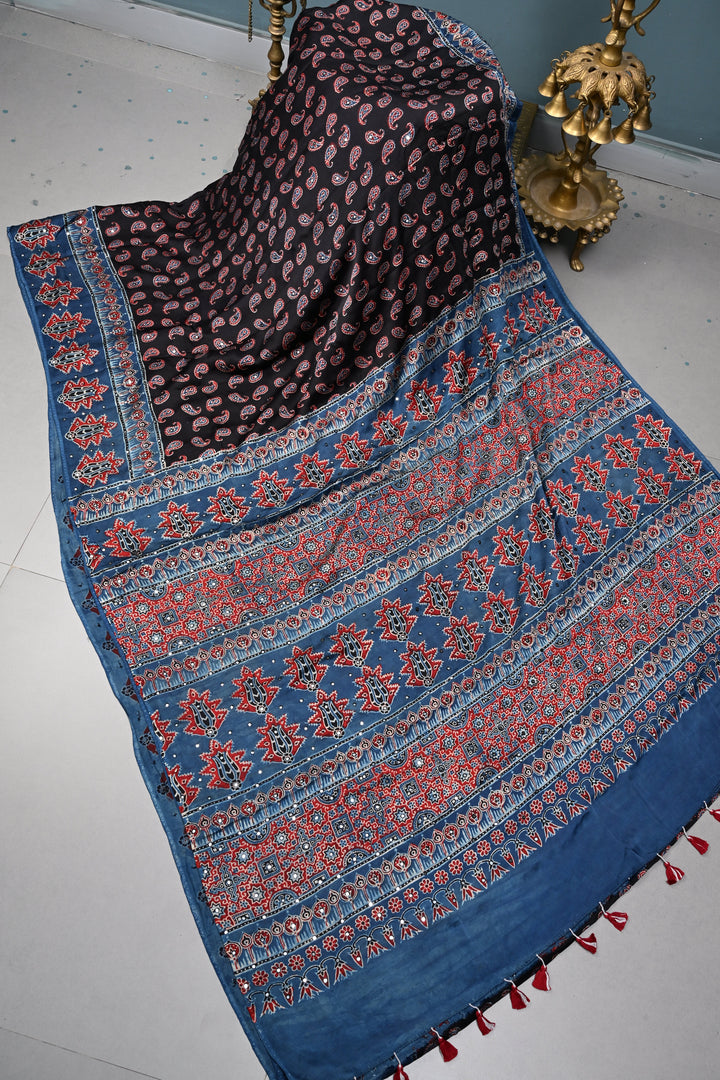 Black Authentic Ajrakh Hand Block Print on Modal Silk Saree with Hand Embellished Tikki work and Border | SHOBITAM
