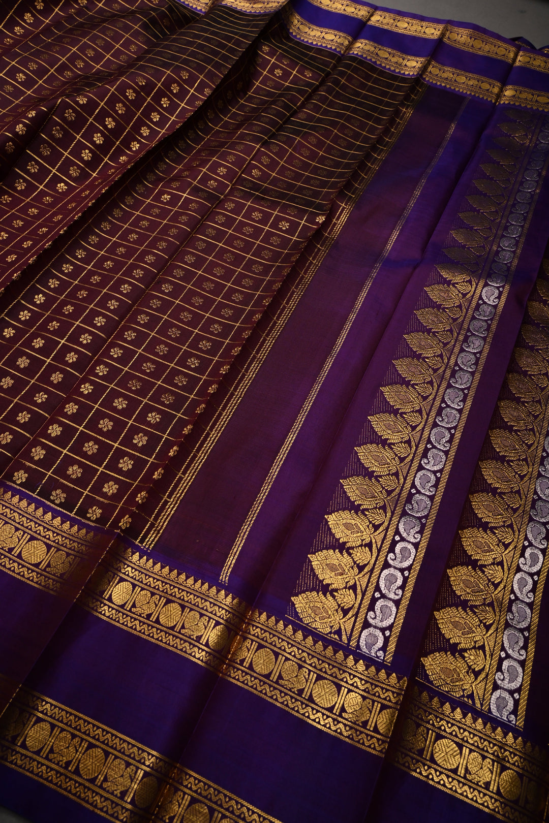 Coffee Brown Zari Checks on Pure Kanjivaram Soft Silk Saree with Zari Buttas-Brocade and Contrast Rettiapet Zari Border | SILK MARK CERTIFIED | SHOBITAM