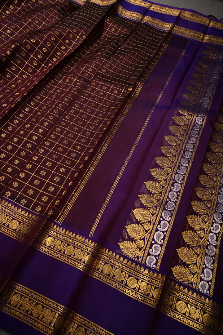 Coffee Brown Zari Checks on Pure Kanjivaram Soft Silk Saree with Zari Buttas-Brocade and Contrast Rettiapet Zari Border | SILK MARK CERTIFIED | SHOBITAM