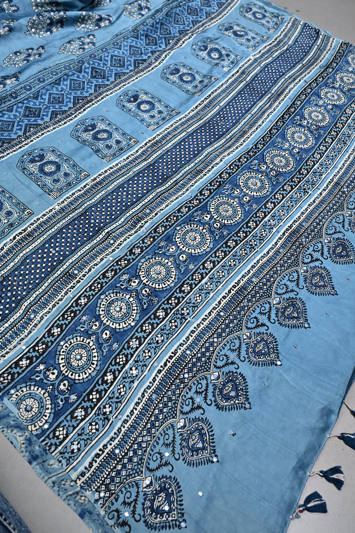 Bluish-Gray Authentic Hand Block Print on Modal Silk Saree with Hand Embellished Tikki Work  | SHOBITAM