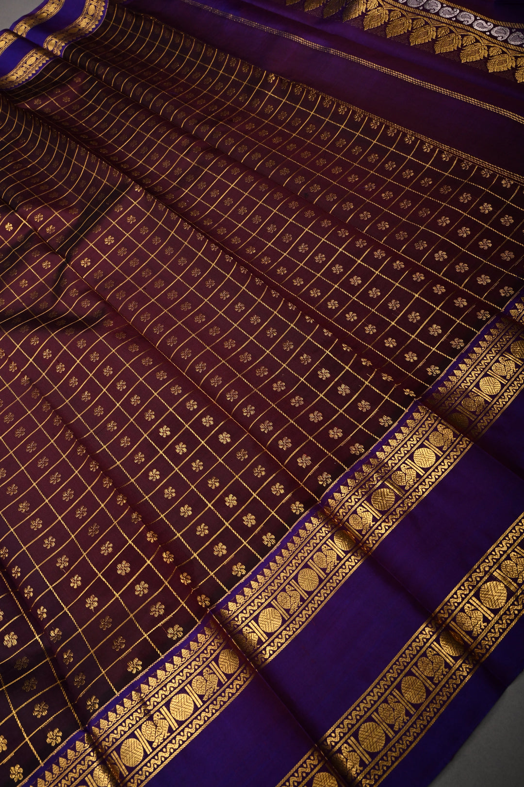 Coffee Brown Zari Checks on Pure Kanjivaram Soft Silk Saree with Zari Buttas-Brocade and Contrast Rettiapet Zari Border | SILK MARK CERTIFIED | SHOBITAM