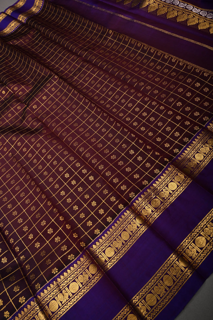 Coffee Brown Zari Checks on Pure Kanjivaram Soft Silk Saree with Zari Buttas-Brocade and Contrast Rettiapet Zari Border | SILK MARK CERTIFIED | SHOBITAM