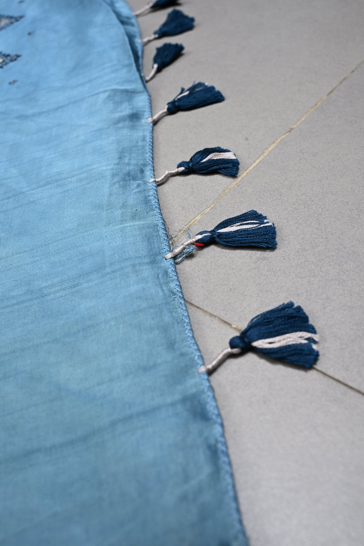 Bluish-Gray Authentic Hand Block Print on Modal Silk Saree with Hand Embellished Tikki Work  | SHOBITAM