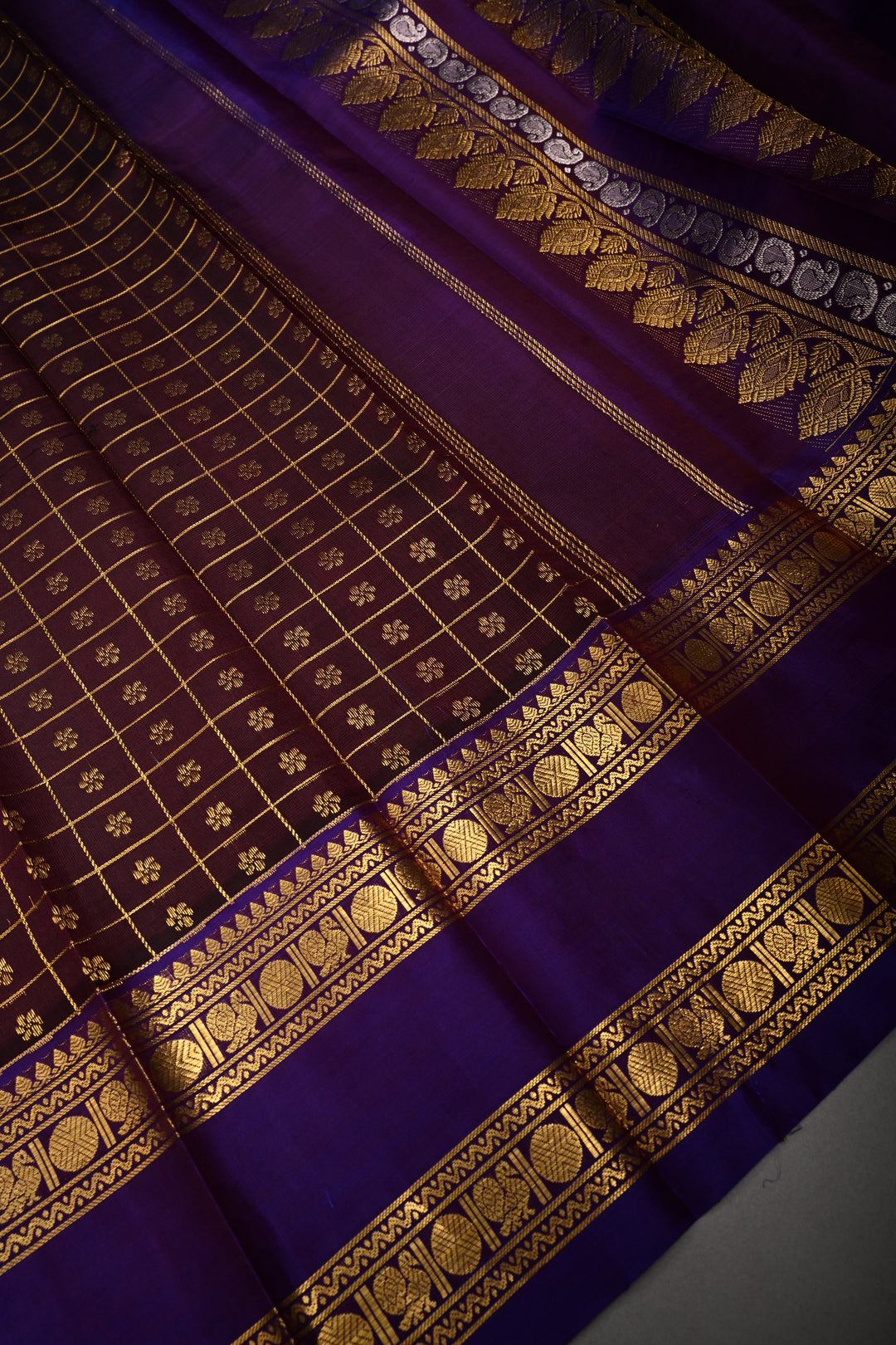 Coffee Brown Zari Checks on Pure Kanjivaram Soft Silk Saree with Zari Buttas-Brocade and Contrast Rettiapet Zari Border | SILK MARK CERTIFIED | SHOBITAM