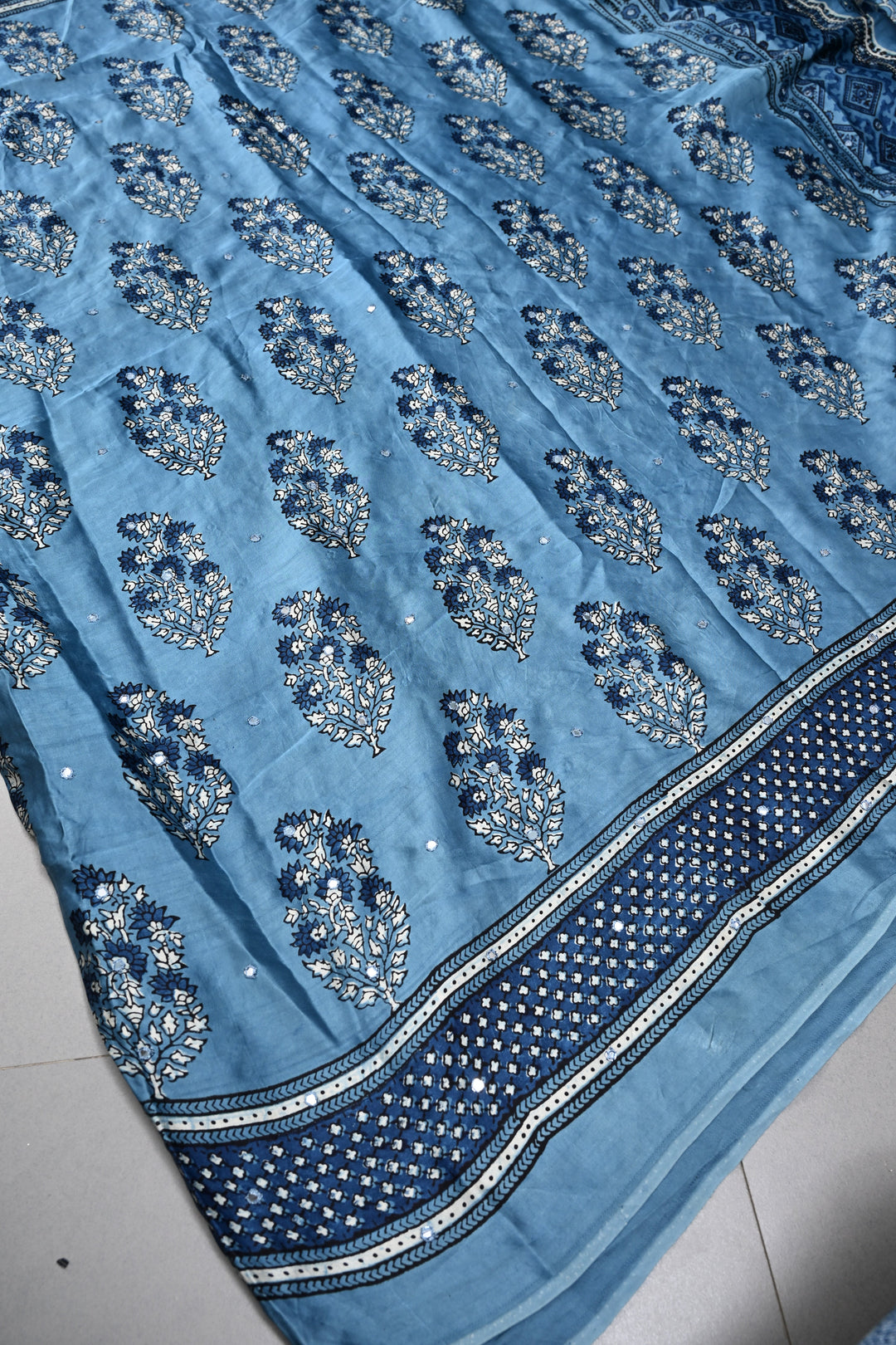 Bluish-Gray Authentic Hand Block Print on Modal Silk Saree with Hand Embellished Tikki Work  | SHOBITAM