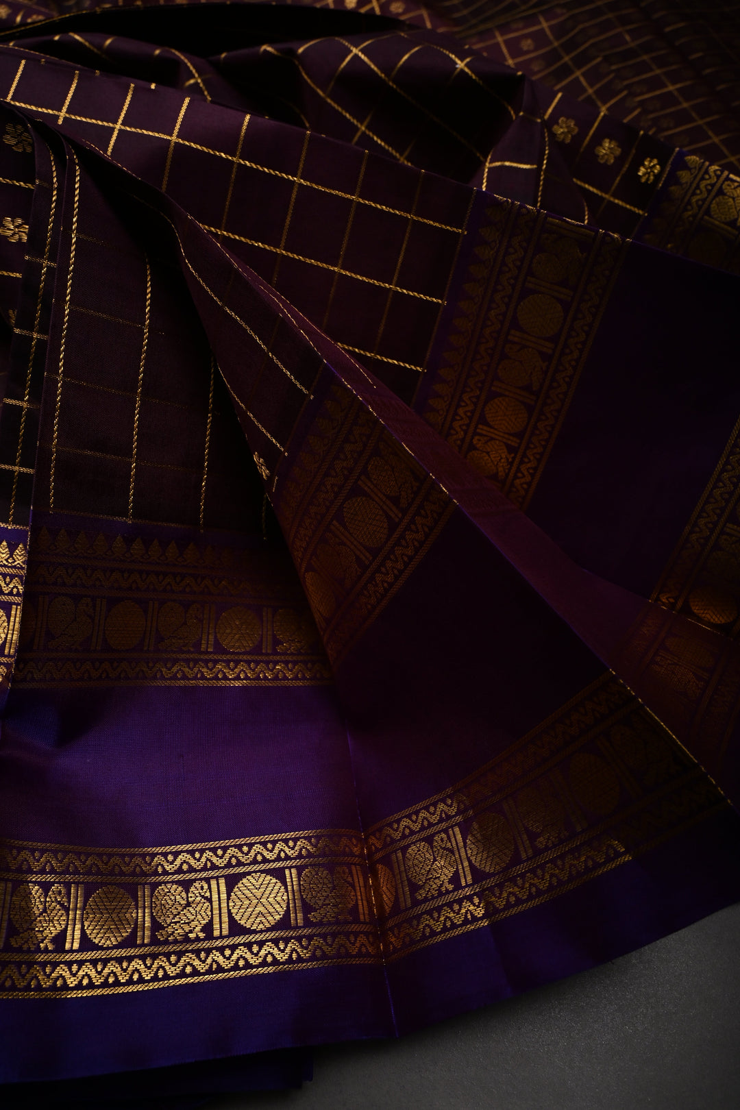 Coffee Brown Zari Checks on Pure Kanjivaram Soft Silk Saree with Zari Buttas-Brocade and Contrast Rettiapet Zari Border | SILK MARK CERTIFIED | SHOBITAM