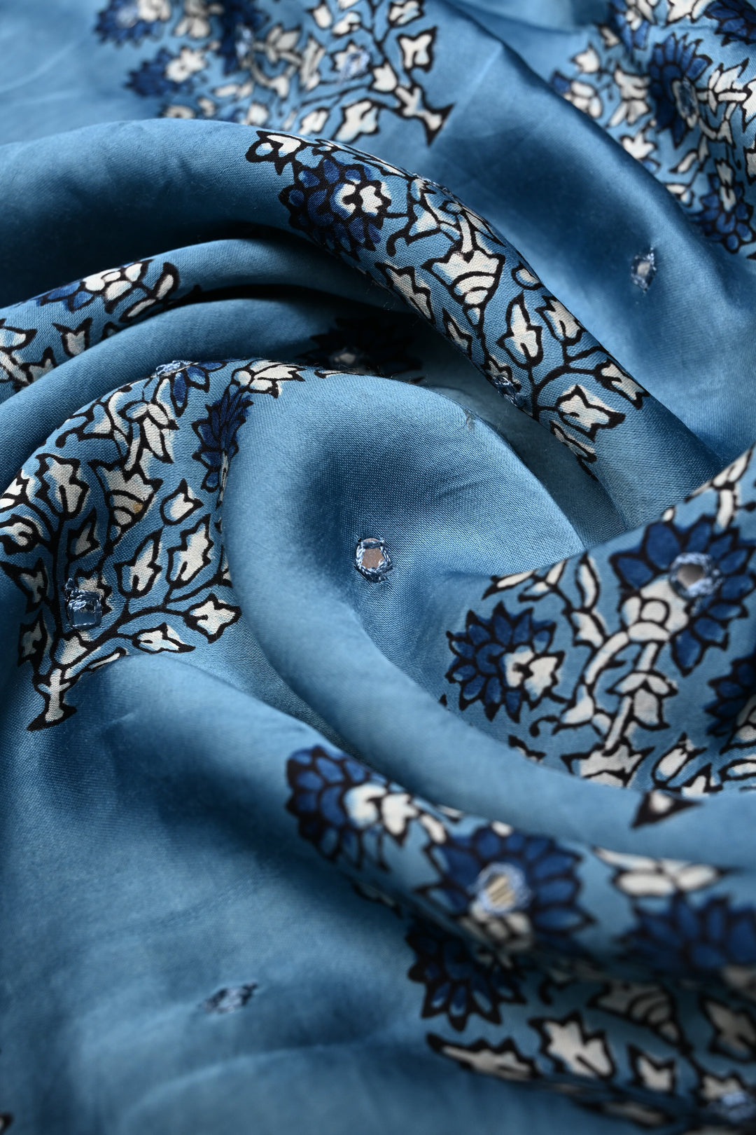 Bluish-Gray Authentic Hand Block Print on Modal Silk Saree with Hand Embellished Tikki Work  | SHOBITAM