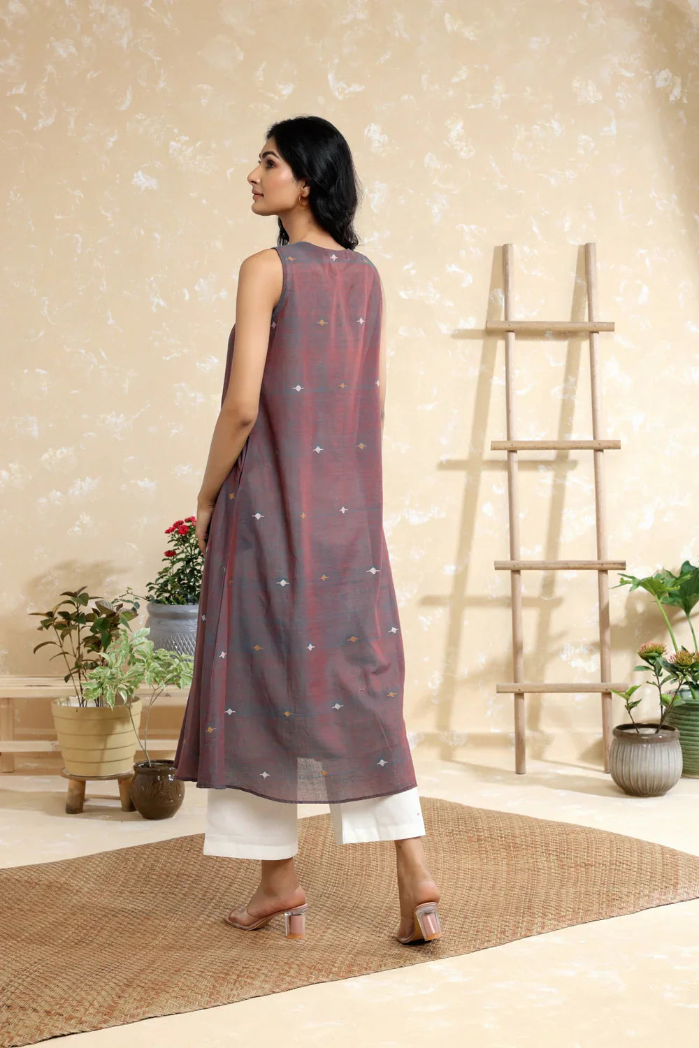 Handloom Brown Duo Tone Soft Cotton Jamdani Kurta Set | SHOBITAM