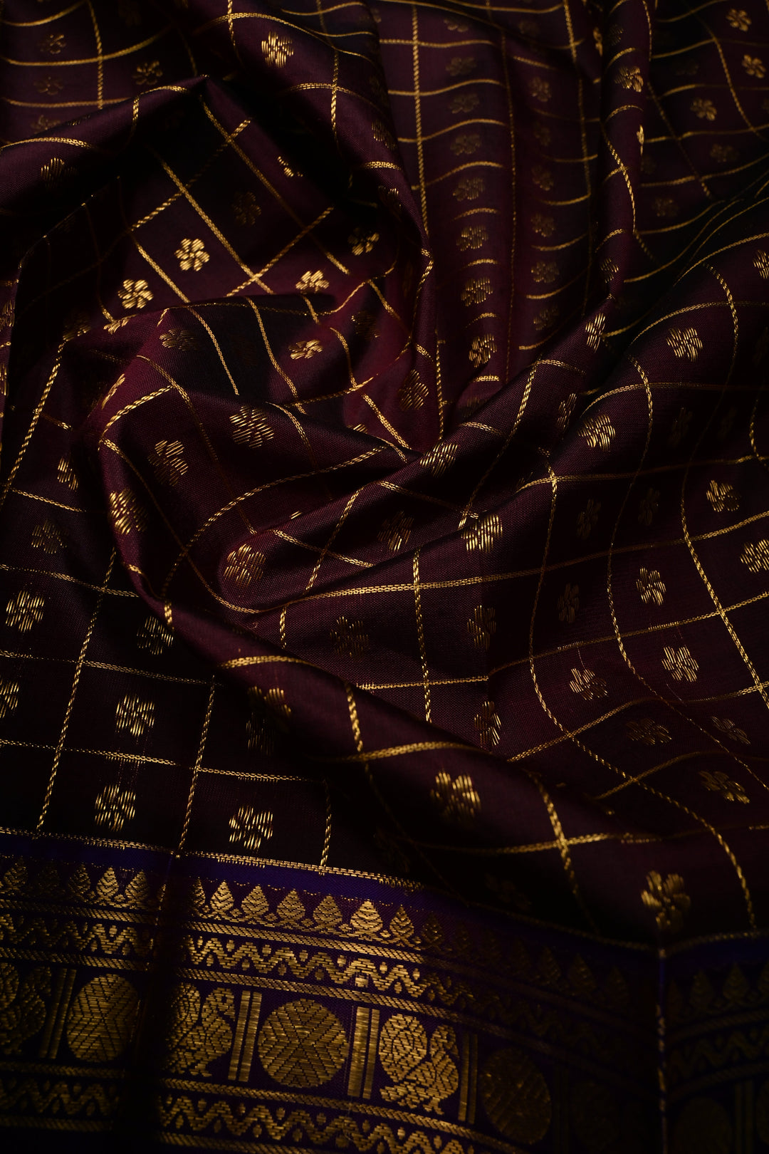 Coffee Brown Zari Checks on Pure Kanjivaram Soft Silk Saree with Zari Buttas-Brocade and Contrast Rettiapet Zari Border | SILK MARK CERTIFIED | SHOBITAM