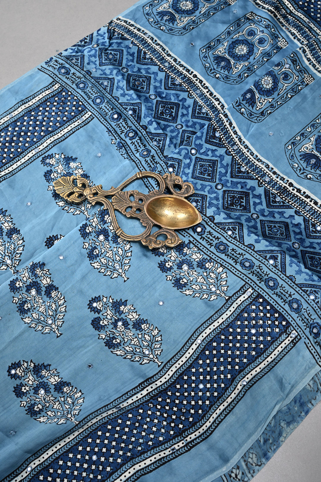 Bluish-Gray Authentic Hand Block Print on Modal Silk Saree with Hand Embellished Tikki Work  | SHOBITAM
