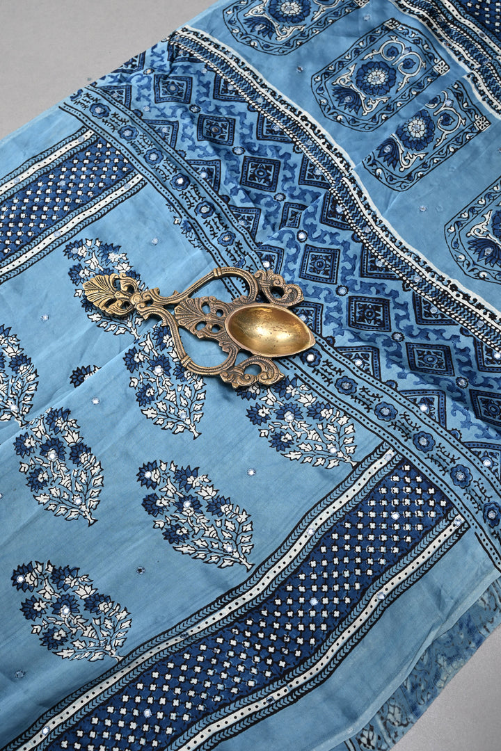 Bluish-Gray Authentic Hand Block Print on Modal Silk Saree with Hand Embellished Tikki Work  | SHOBITAM