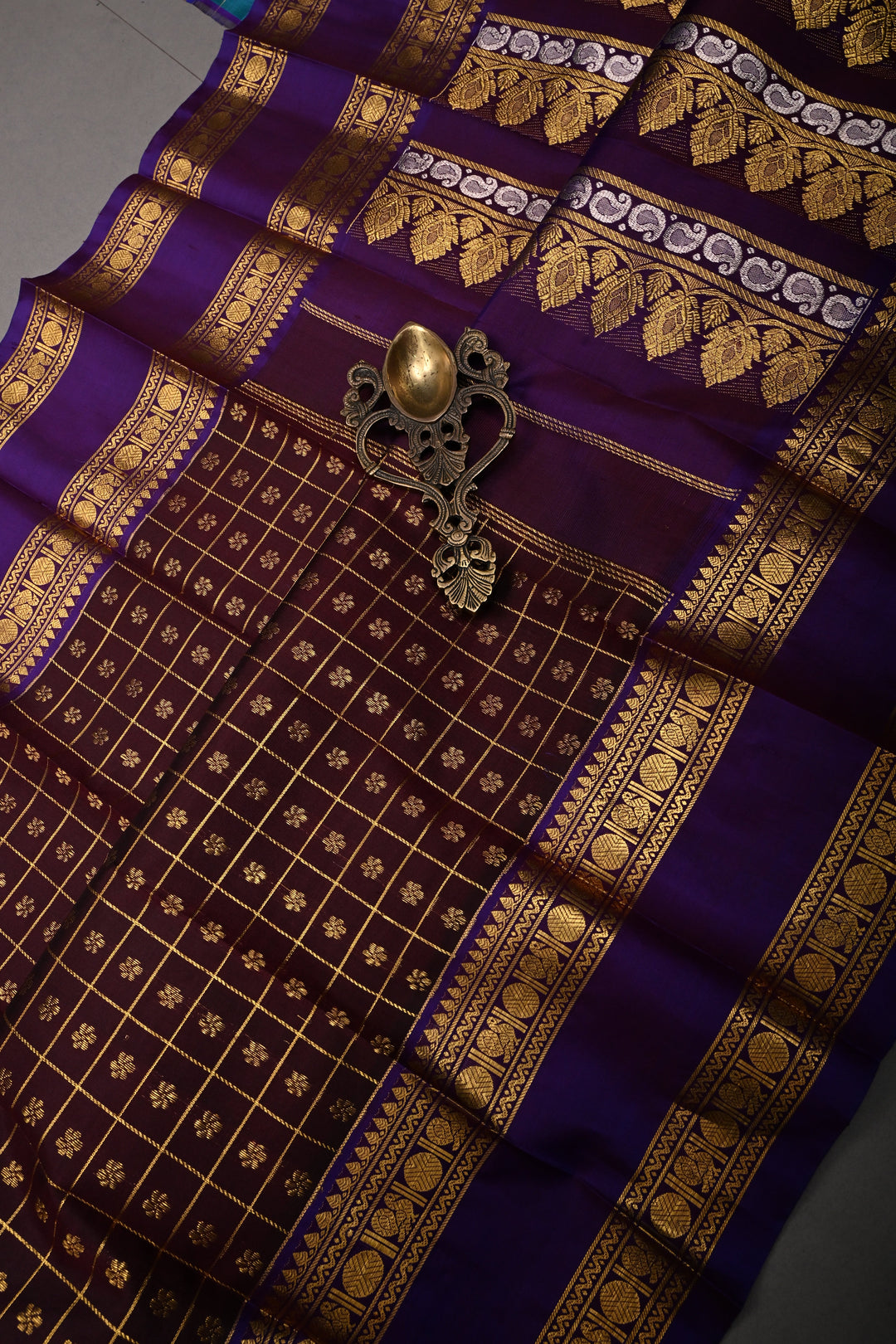 Coffee Brown Zari Checks on Pure Kanjivaram Soft Silk Saree with Zari Buttas-Brocade and Contrast Rettiapet Zari Border | SILK MARK CERTIFIED | SHOBITAM