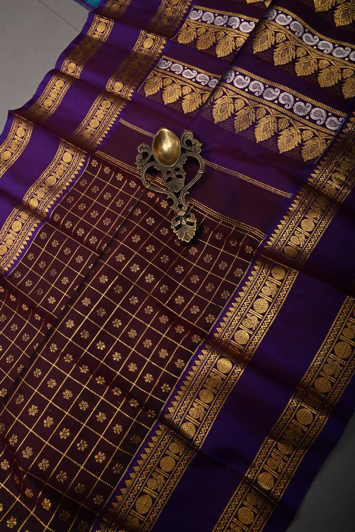 Coffee Brown Zari Checks on Pure Kanjivaram Soft Silk Saree with Zari Buttas-Brocade and Contrast Rettiapet Zari Border | SILK MARK CERTIFIED | SHOBITAM