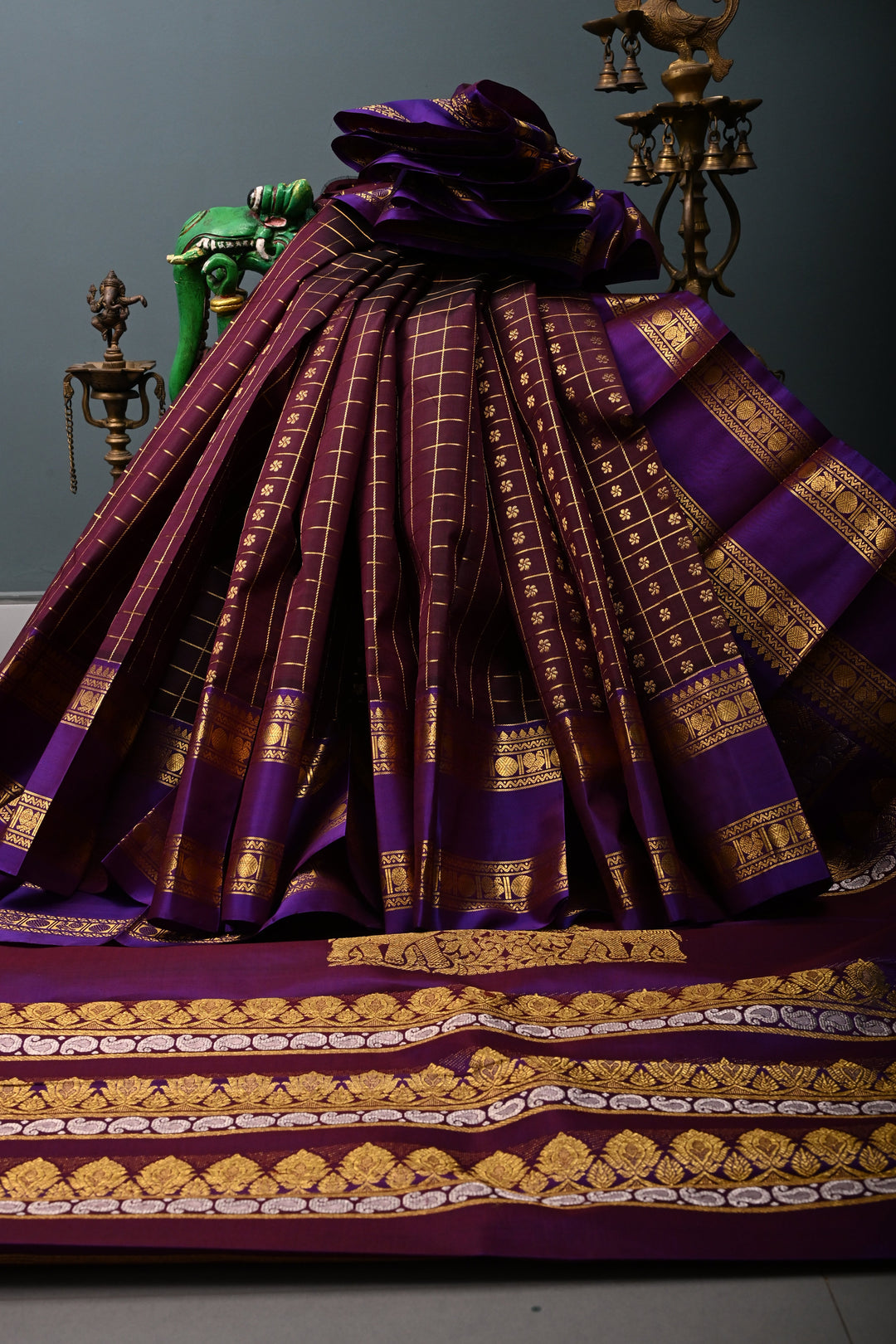 Coffee Brown Zari Checks on Pure Kanjivaram Soft Silk Saree with Zari Buttas-Brocade and Contrast Rettiapet Zari Border | SILK MARK CERTIFIED | SHOBITAM